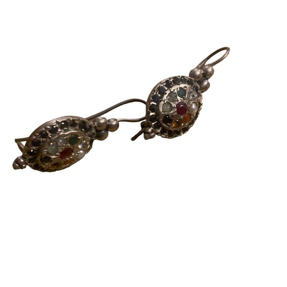 Silver Earrings | Turtle Shell Shape Colored Gem Pearls Blue Pink Green Orange